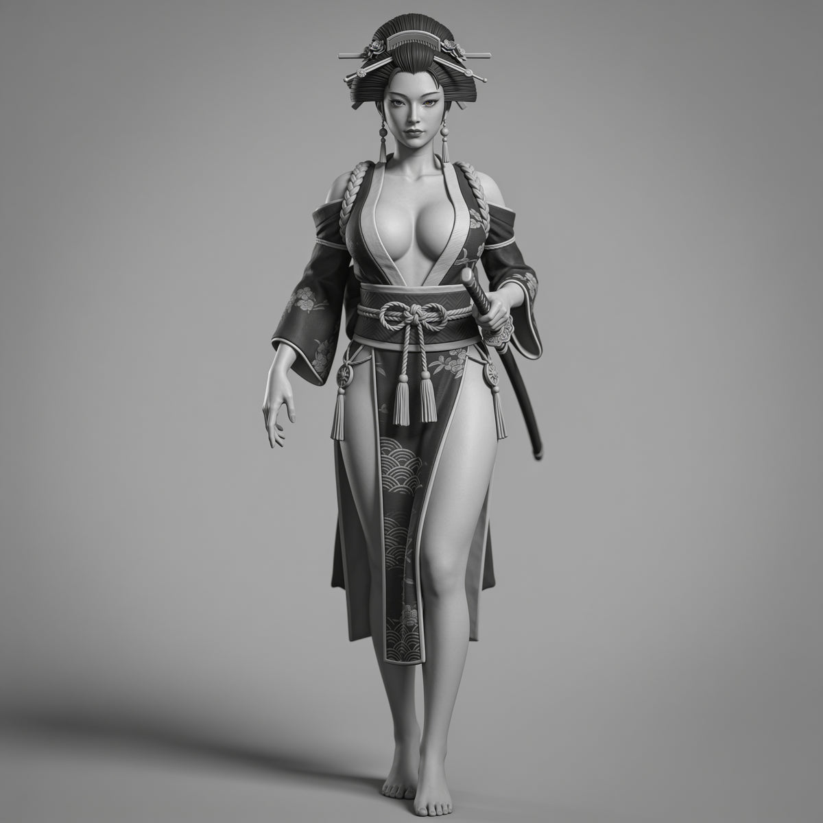 Unpainted geisha miniature with katana, front view