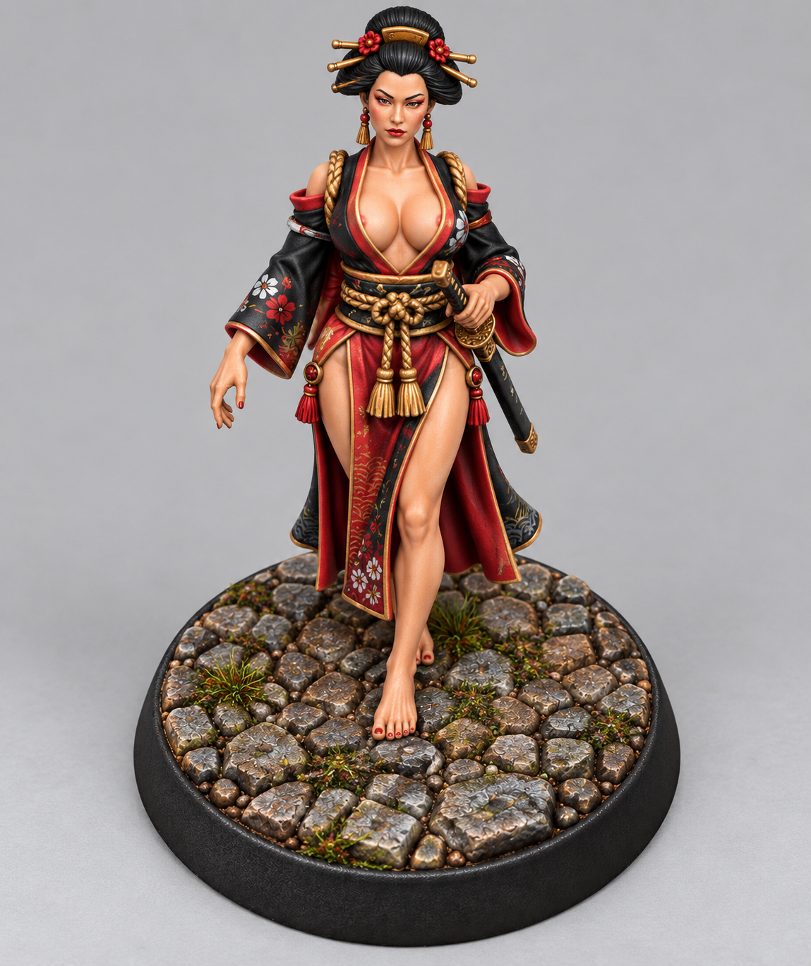 Painted geisha miniature with katana on themed base, front view