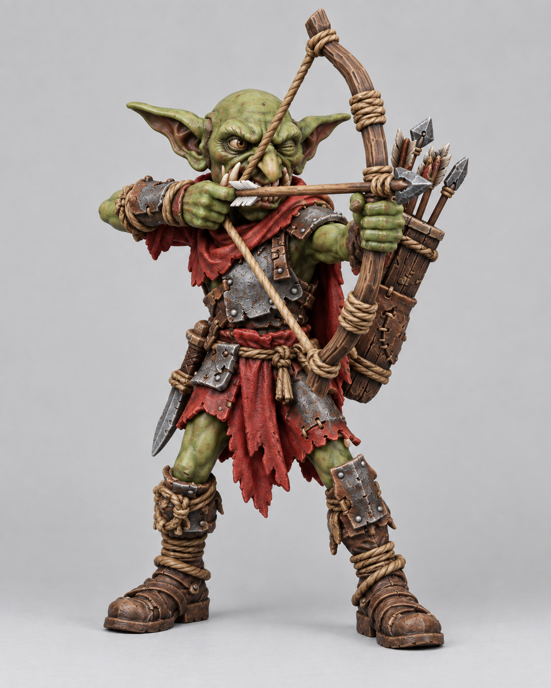 Goblin Archer painted without a base, green skin, red cloth, brown leather and metal equipment; painting inspiration.