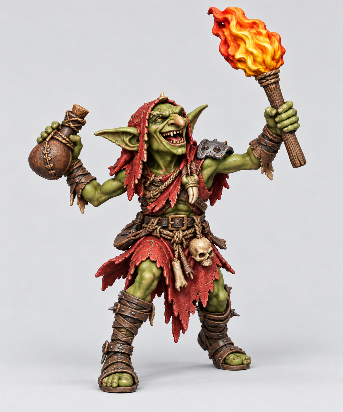 Goblin Firestarter painted without a base, green skin, red cloth, brown leather and metal equipment; painting inspiration.