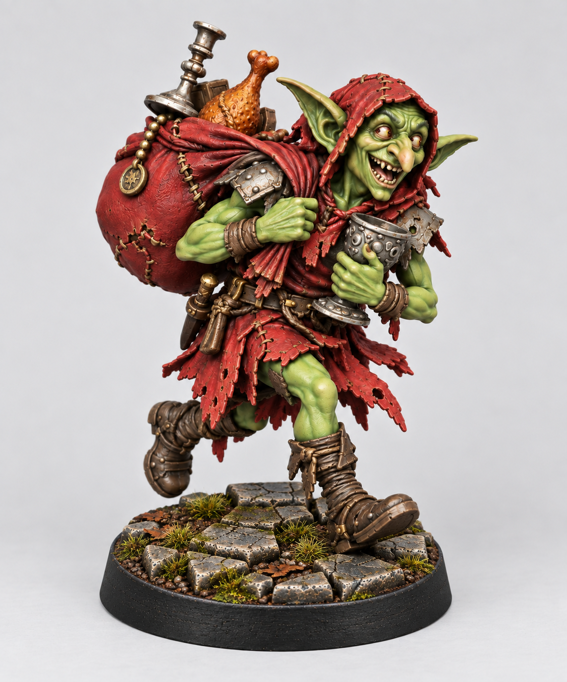 Goblin Looter painted green and red on a Broken Dungeonstone presentation base; supplied unpainted.