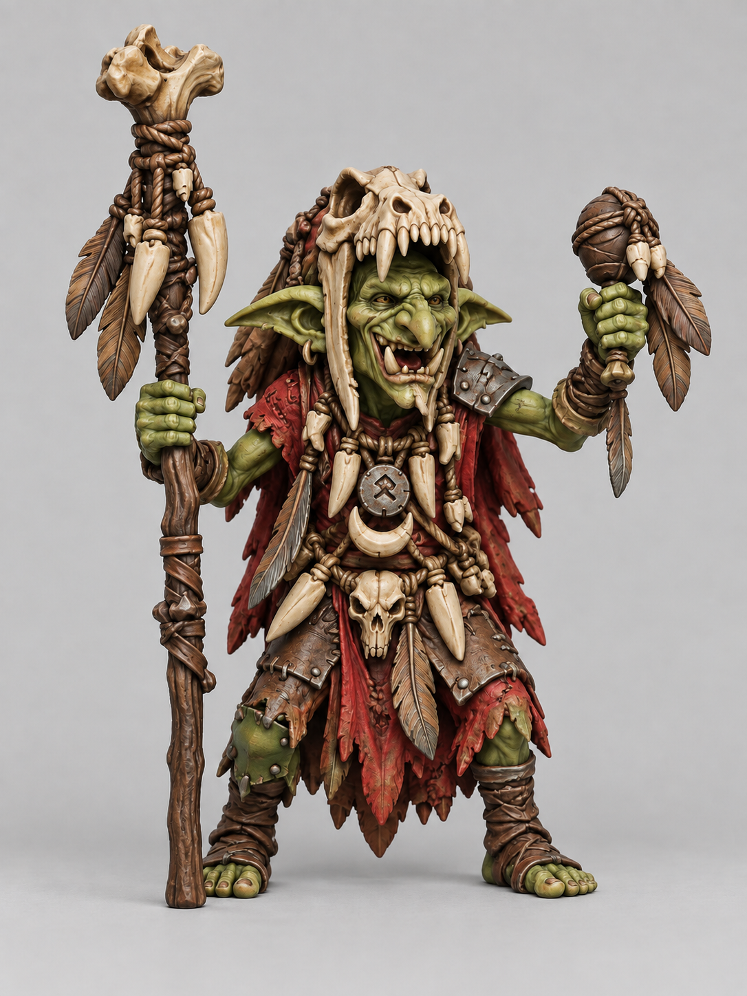 Goblin Shaman 3 painted without a base, green skin, red cloth, brown leather and metal equipment; painting inspiration.