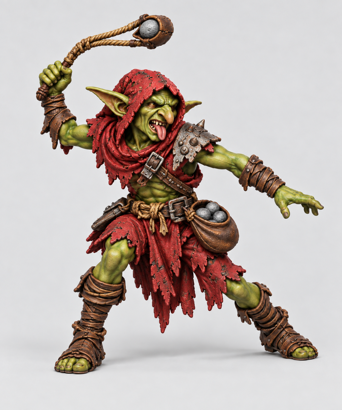 Goblin Slinger painted without a base, green skin, red cloth, brown leather and metal equipment; painting inspiration.