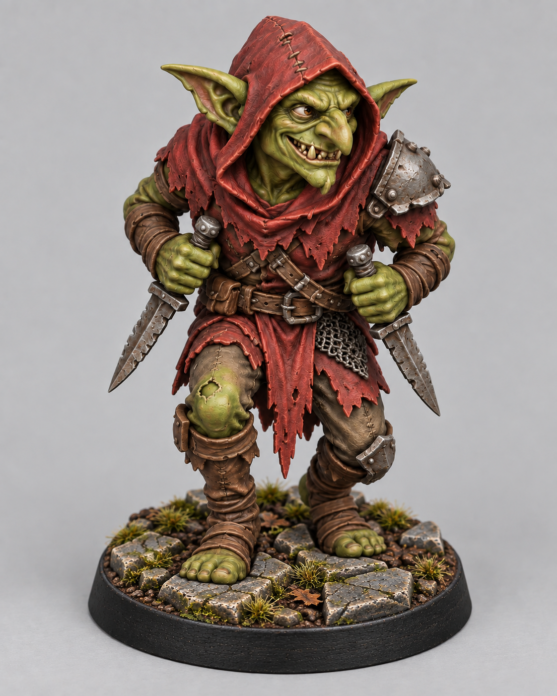 Goblin Sneak painted green and red on a Broken Dungeonstone presentation base; supplied unpainted.