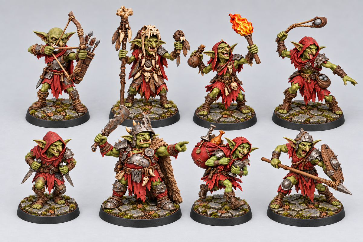 All eight Goblin Warband miniatures painted green and red on separate Broken Dungeonstone bases; physical set supplied unpainted.