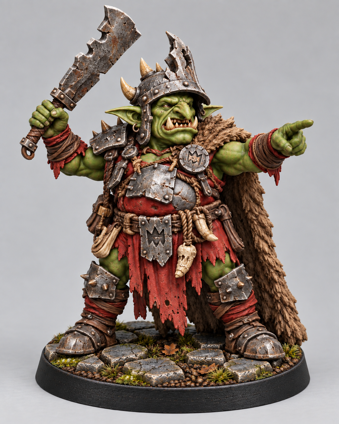 Goblin Warboss with green skin, red clothing and metal armor on a Broken Dungeonstone presentation base; supplied unpainted.