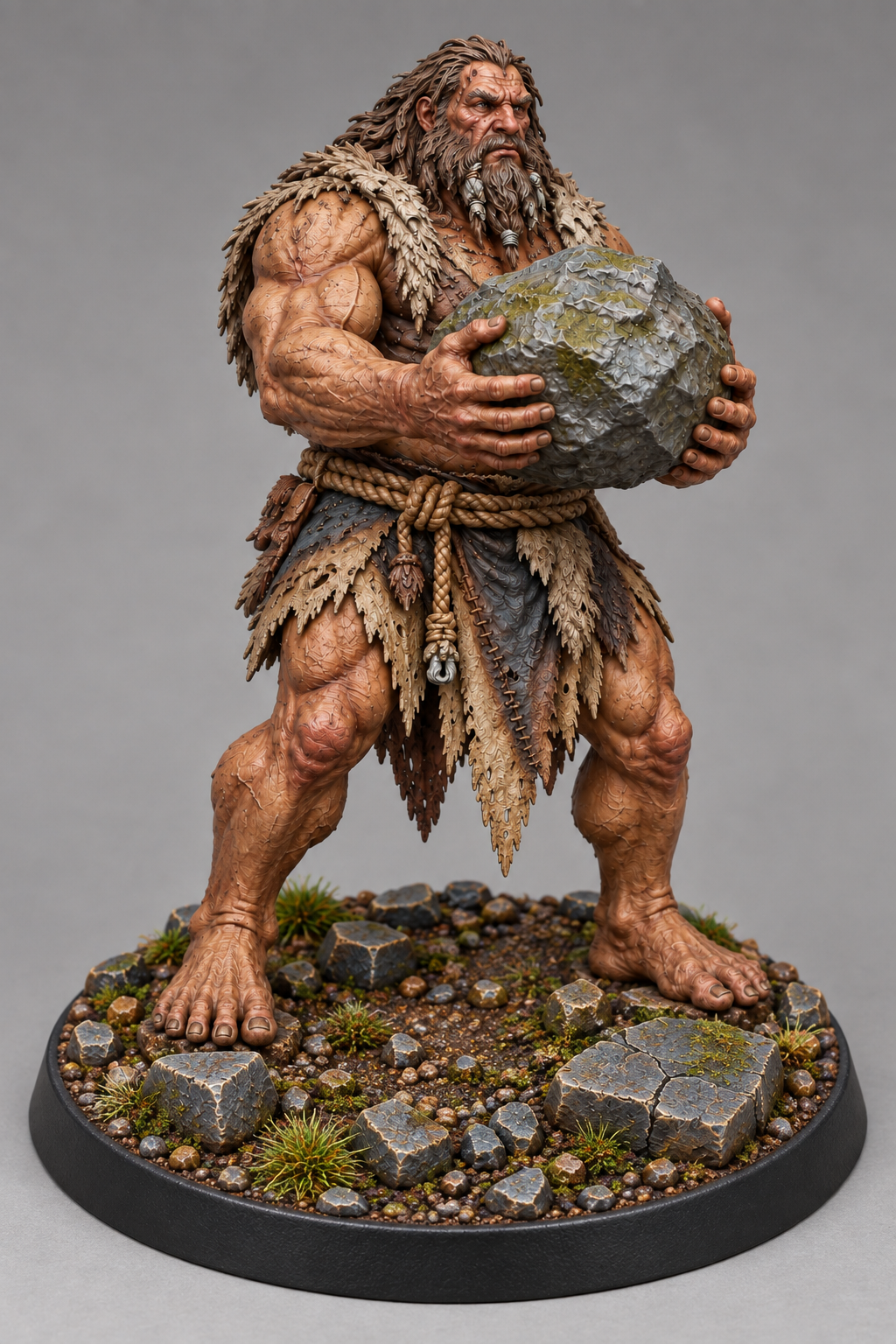 Painted hill giant miniature with boulder on themed base, front view