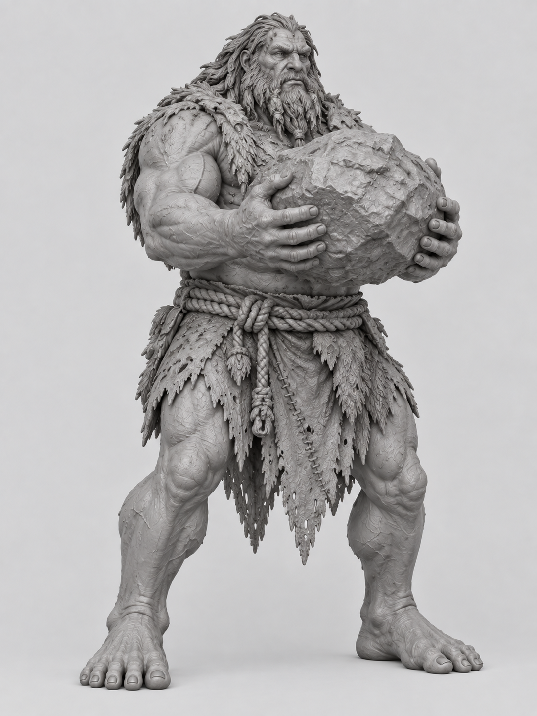 Unpainted hill giant miniature with boulder, front view