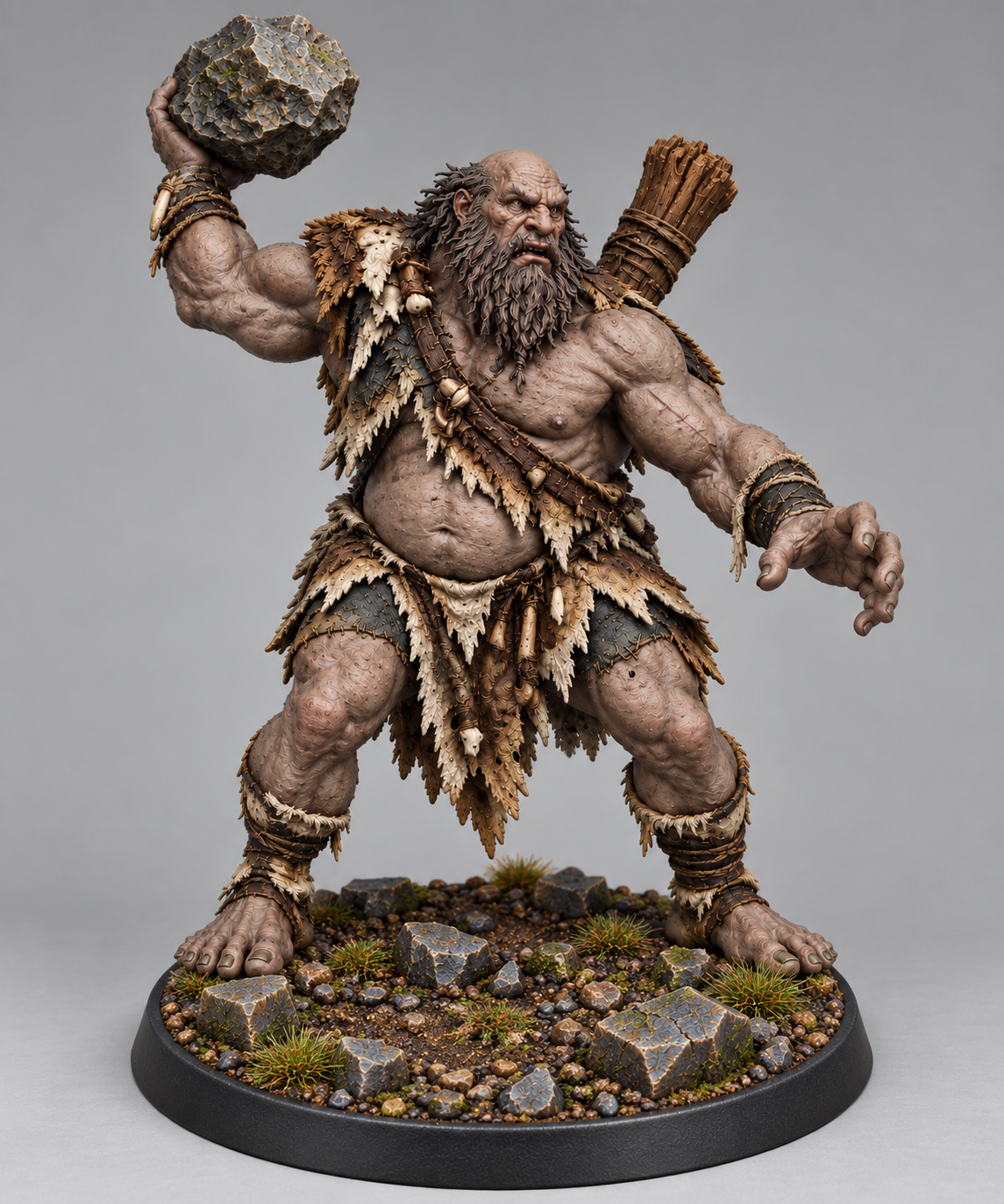 Painted hill giant miniature throwing a boulder on themed base, front view