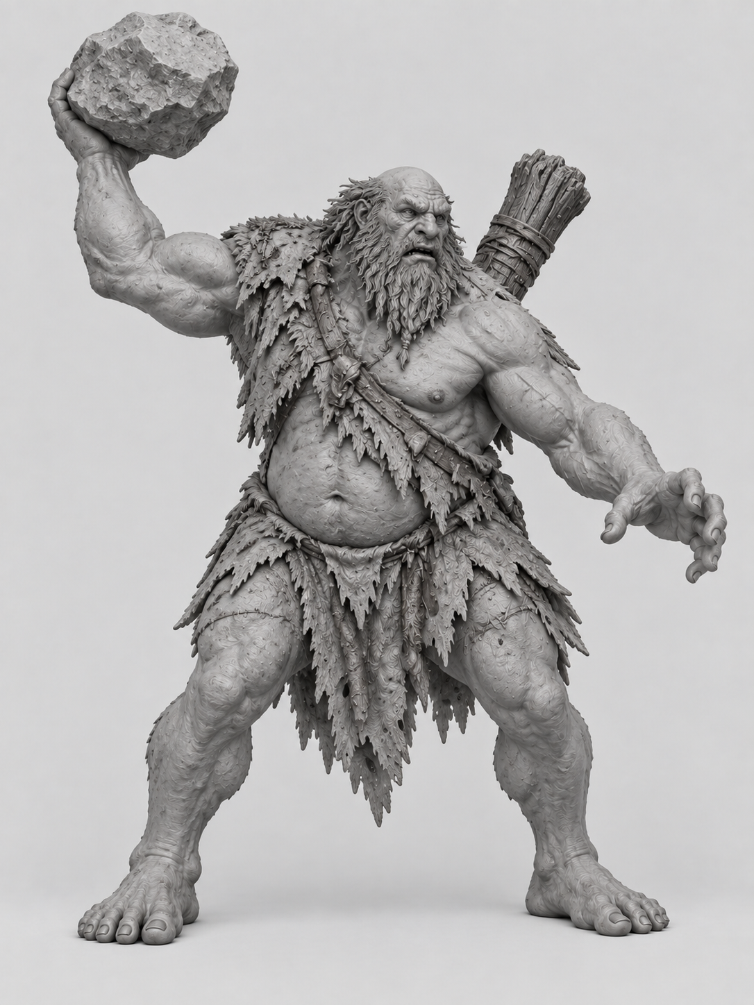 Unpainted hill giant miniature throwing a boulder, front view