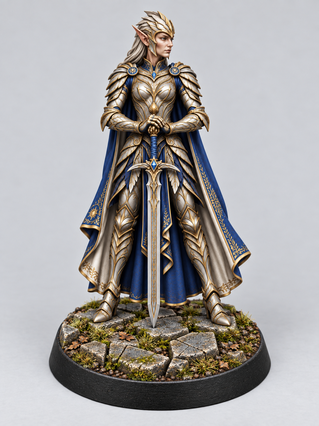 Idril, female elven knight, painted silver and gold with a blue cloak on a Broken Dungeonstone presentation base