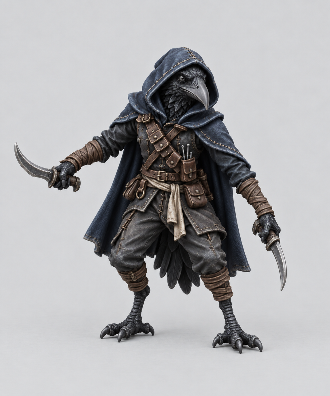Painted kenku rogue miniature with dual weapons, front view