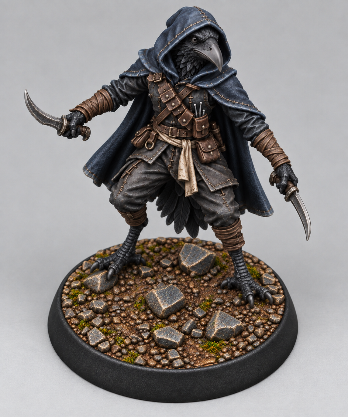 Painted kenku rogue miniature with dual weapons on themed base, front view