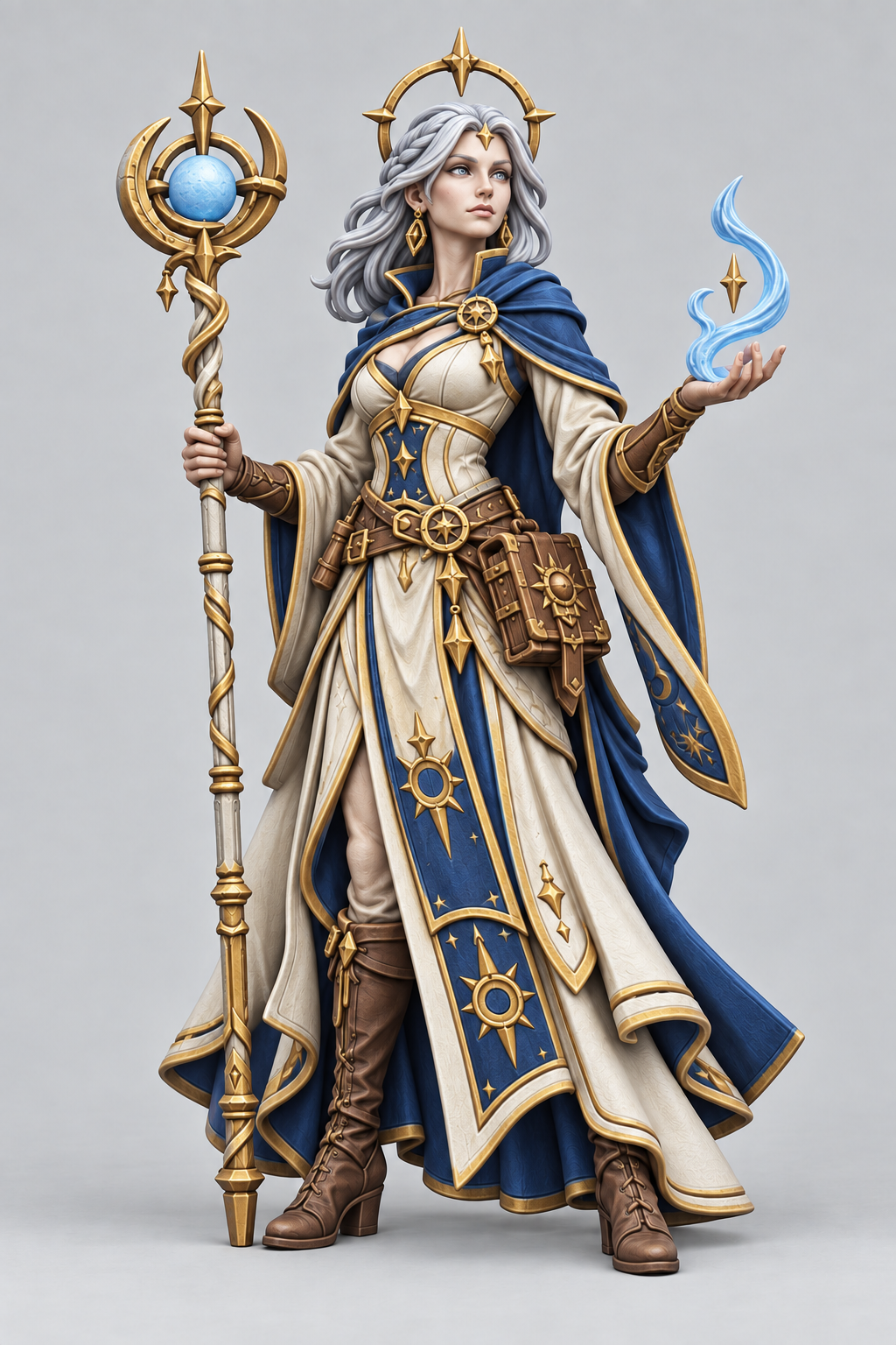 Painted Lumessa female aasimar wizard without base, ivory robes and midnight-blue cloak; supplied unpainted