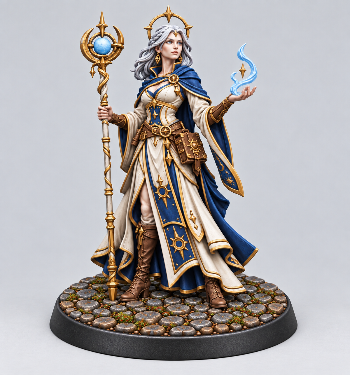 Painted Lumessa female aasimar wizard on a cobblestone presentation base; supplied unpainted