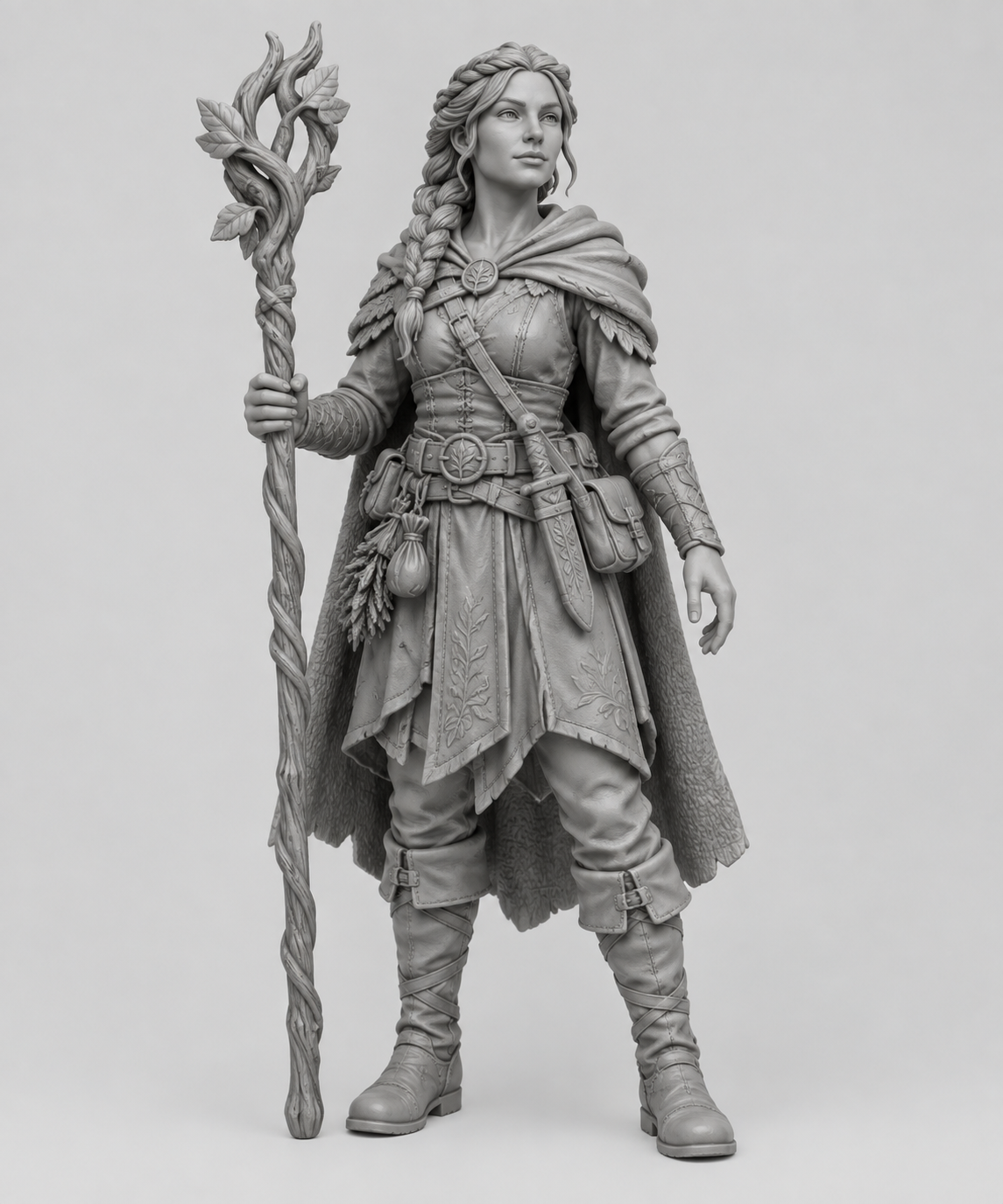 Original gray monotone reference of Lyra, female human druid