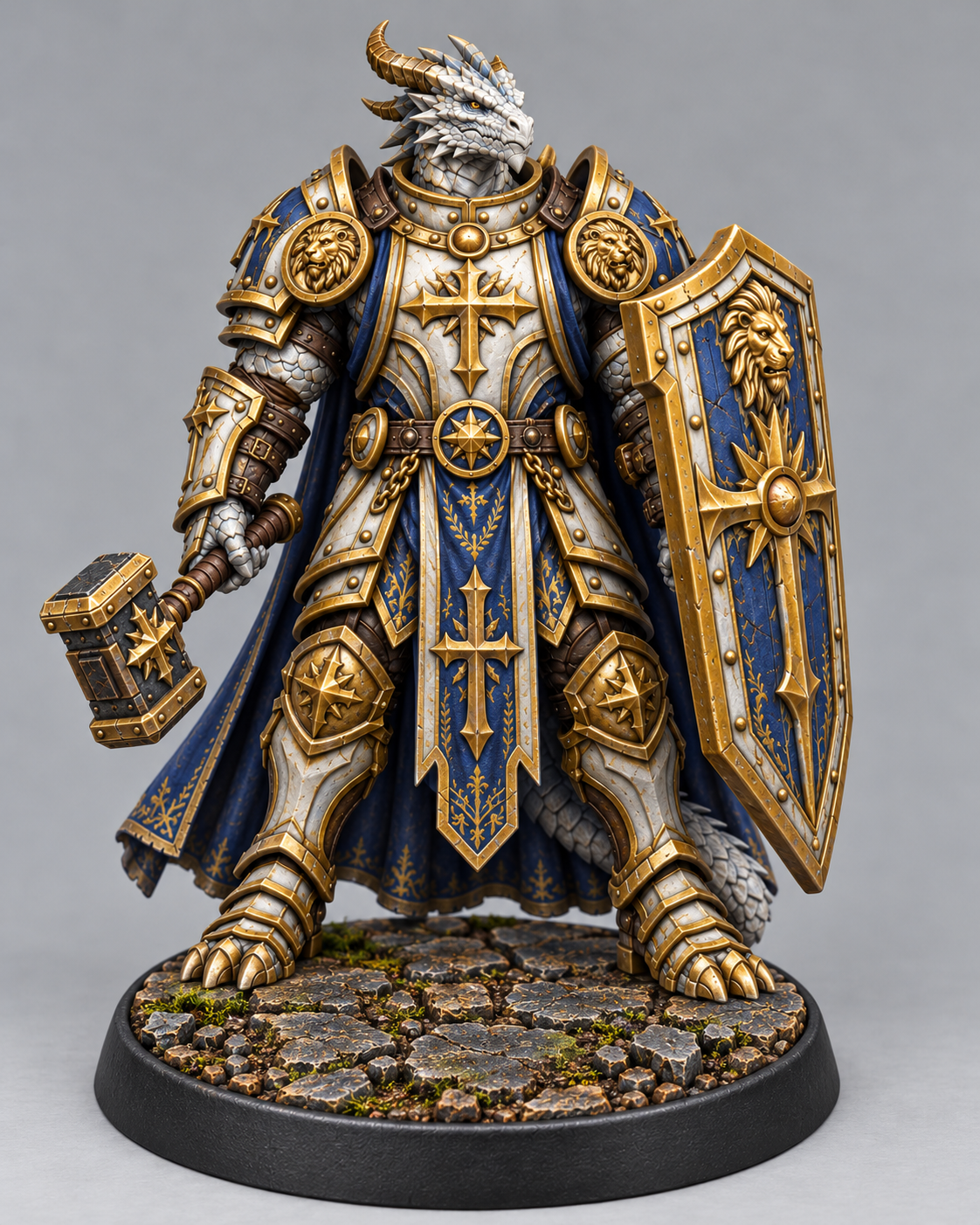 Painted dragonborn paladin miniature on themed base, front view