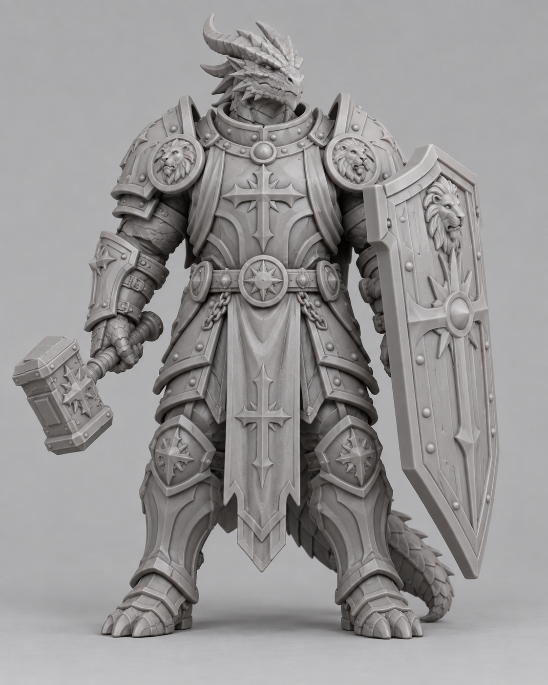Unpainted dragonborn paladin miniature, front view