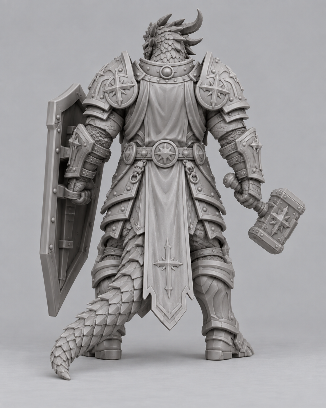 Unpainted dragonborn paladin miniature, rear view