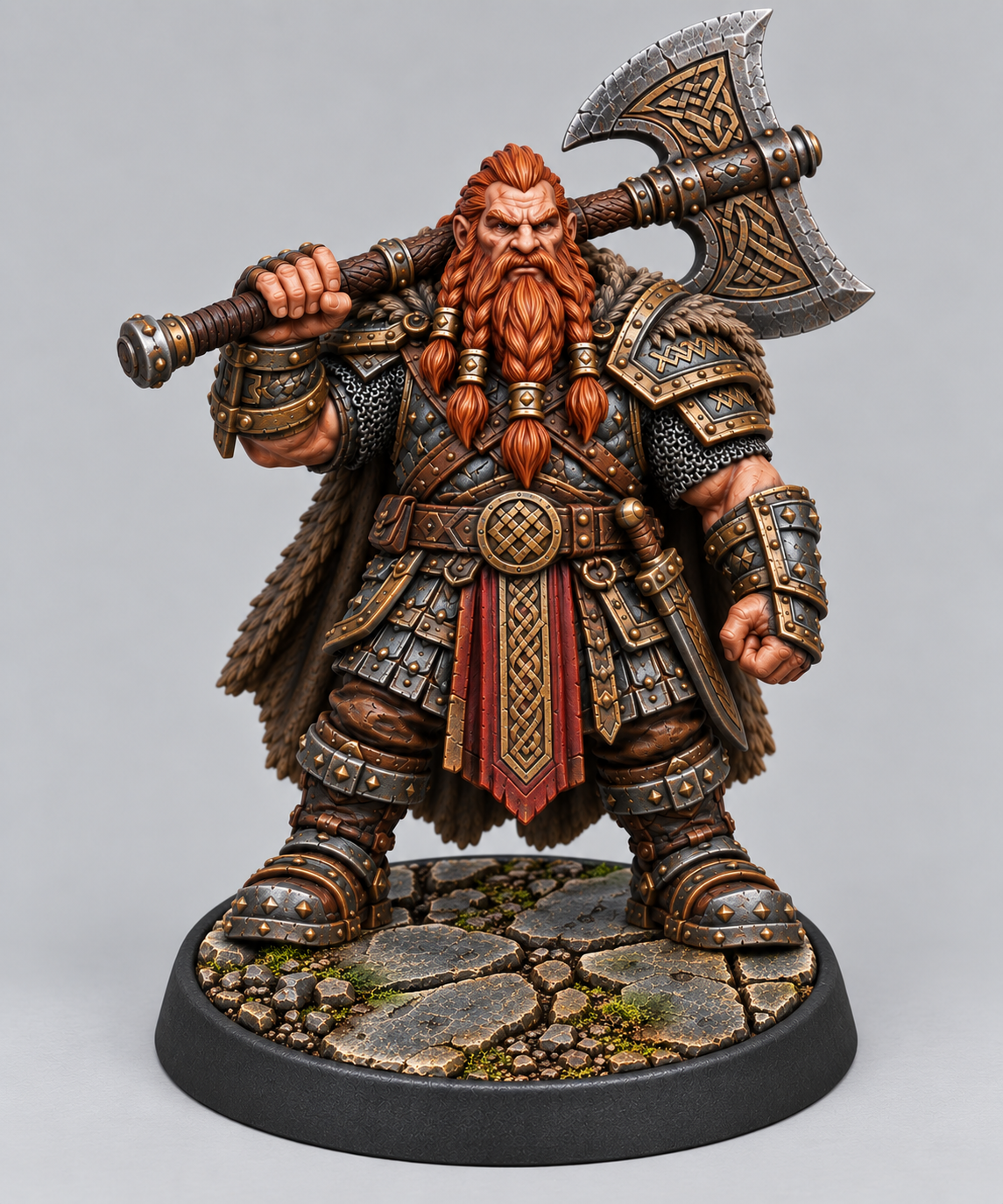 Painted dwarf warrior miniature on themed base, front view