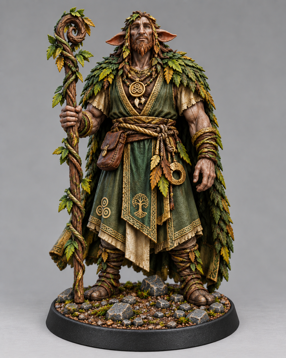 Painted firbolg druid miniature on themed base, front view