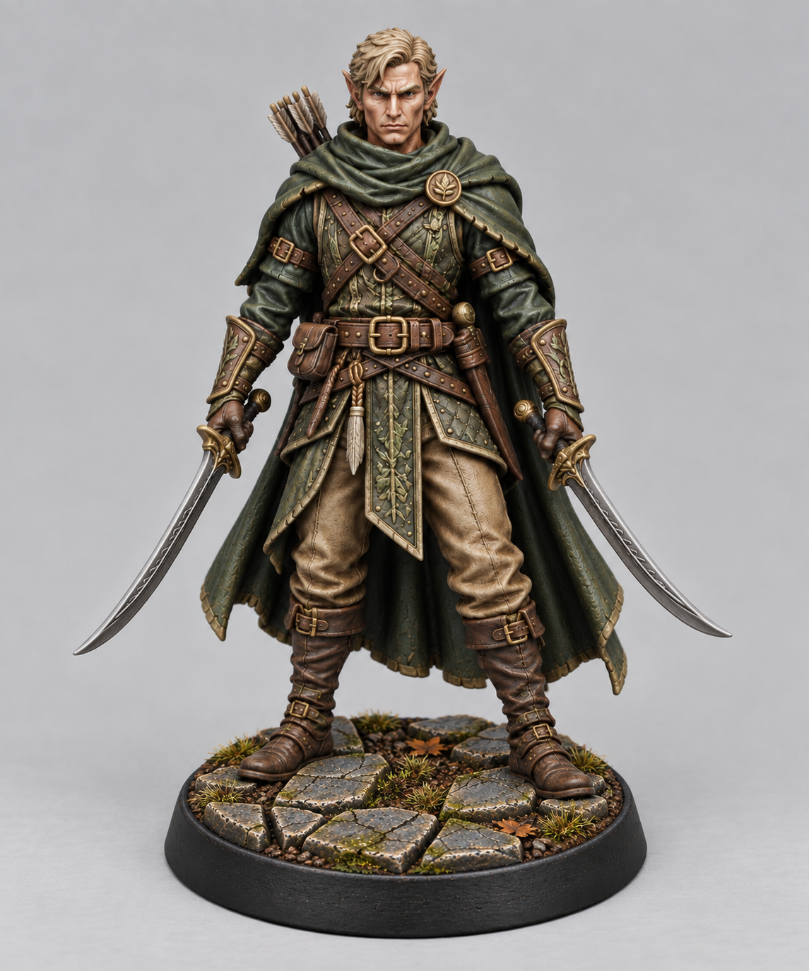 Painted half-elf ranger miniature on themed base, front view