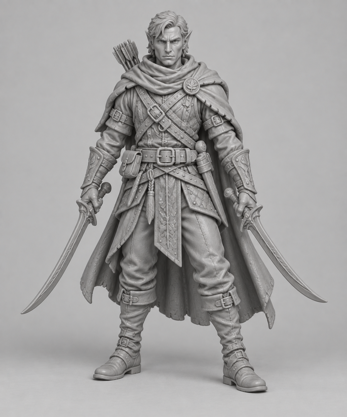 Unpainted half-elf ranger miniature, front view