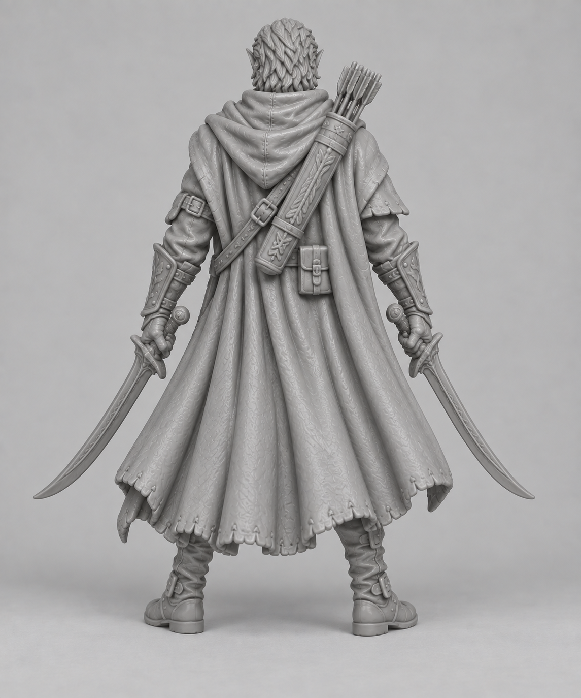 Unpainted half-elf ranger miniature, rear view