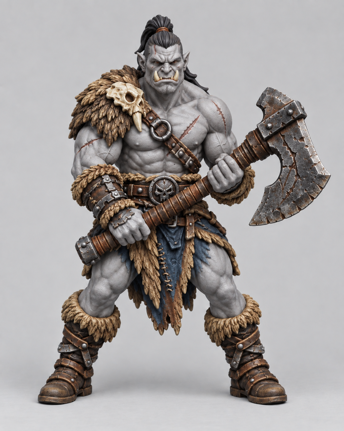 Painted half-orc barbarian miniature, front view