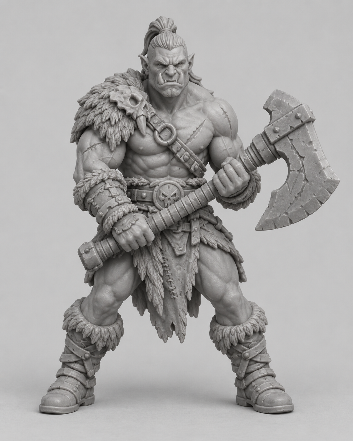 Unpainted half-orc barbarian miniature, front view
