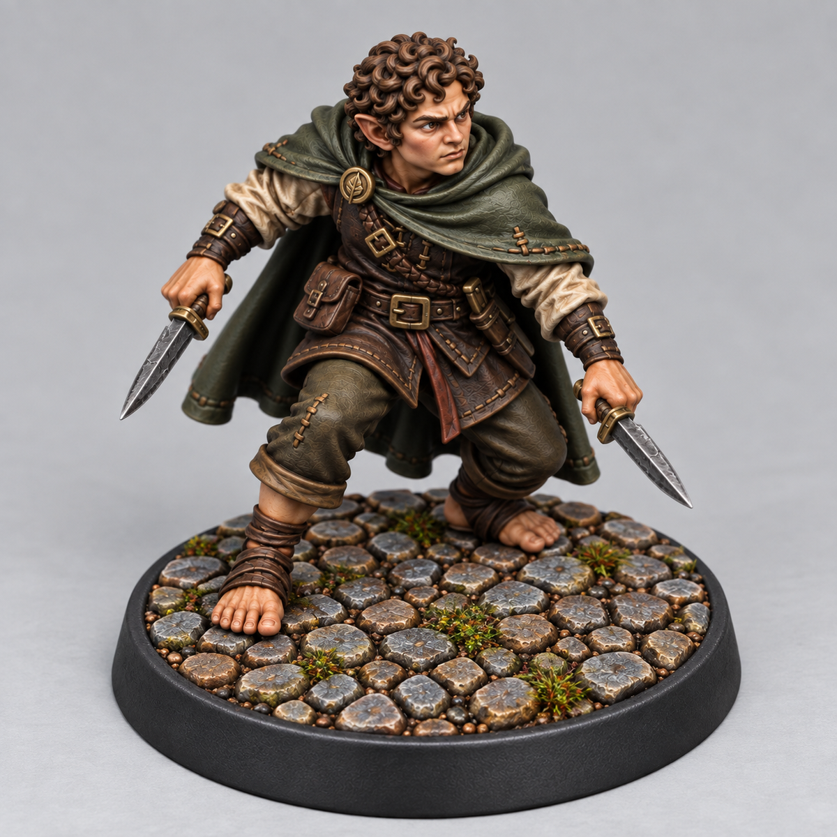 Painted halfling rogue miniature on themed base, front view