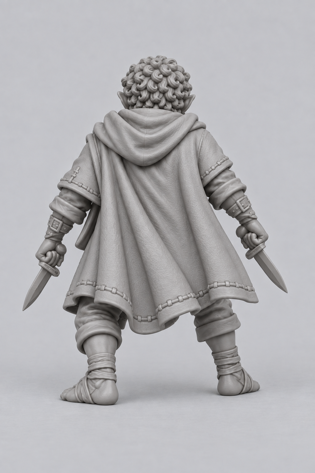 Unpainted halfling rogue miniature, rear view