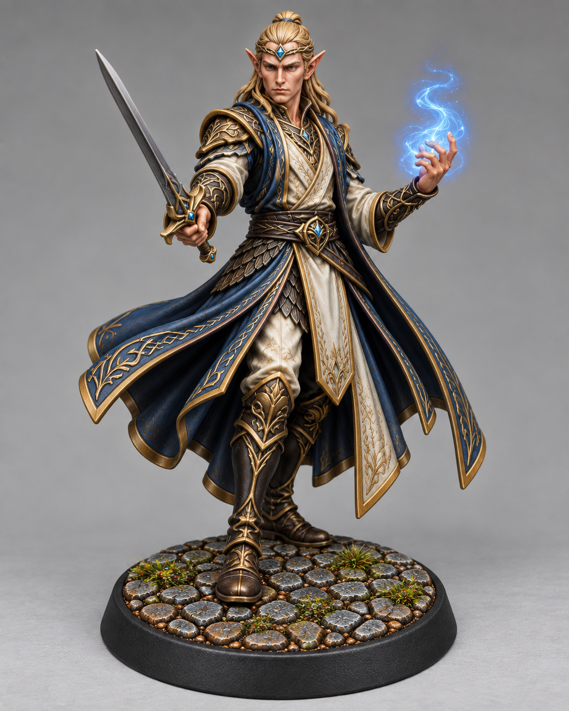 Painted high elf bladesinger miniature on themed base, front view