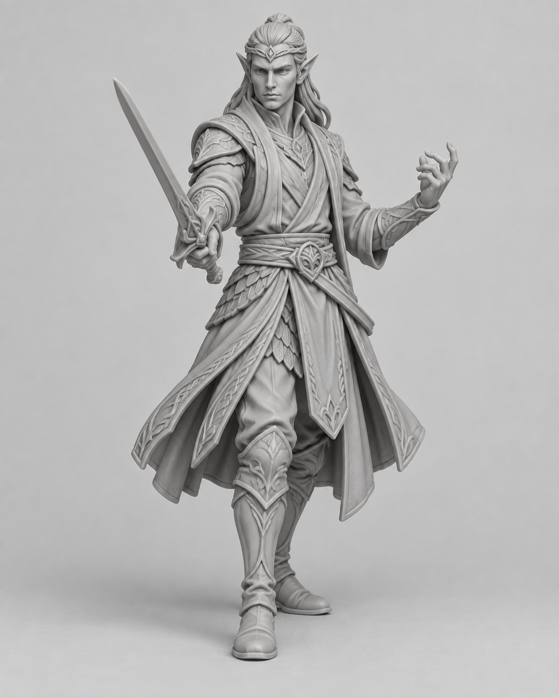 Unpainted high elf bladesinger miniature, front view