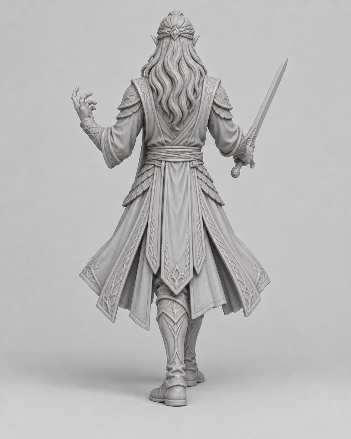 Unpainted high elf bladesinger miniature, rear view