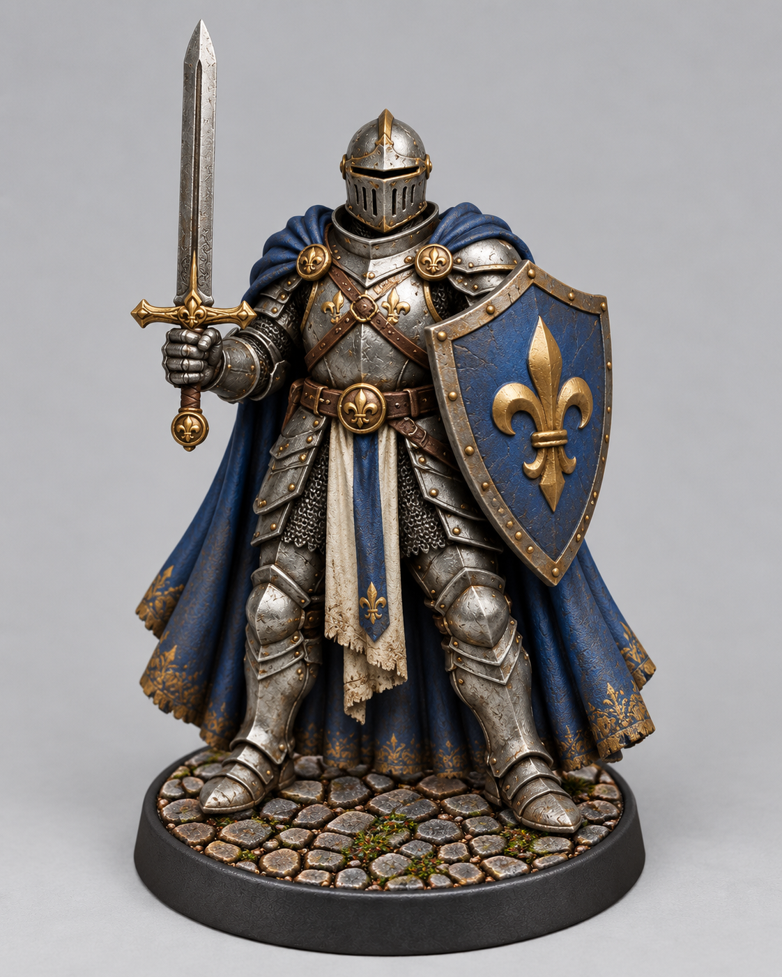 Painted human knight miniature on themed base, front view