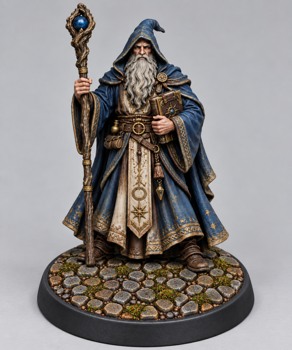 Painted human wizard miniature on themed base, front view