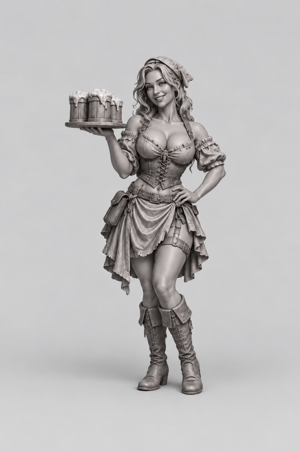 Olivia, female Human barmaid with serving tray and tankards, unchanged approved gray miniature reference.