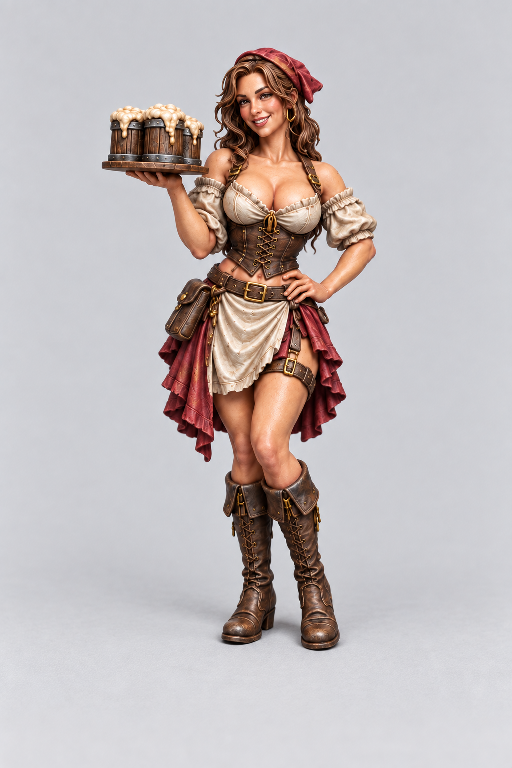 Olivia, female Human barmaid with chestnut hair, ivory blouse and burgundy skirt, painted without a base; painting example.