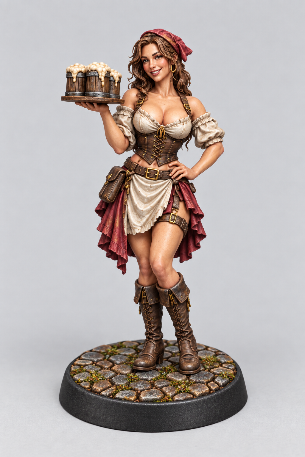 Olivia, female Human barmaid carrying a tray of foaming tankards, painted in ivory and burgundy on a Cobblestone base; painting example.