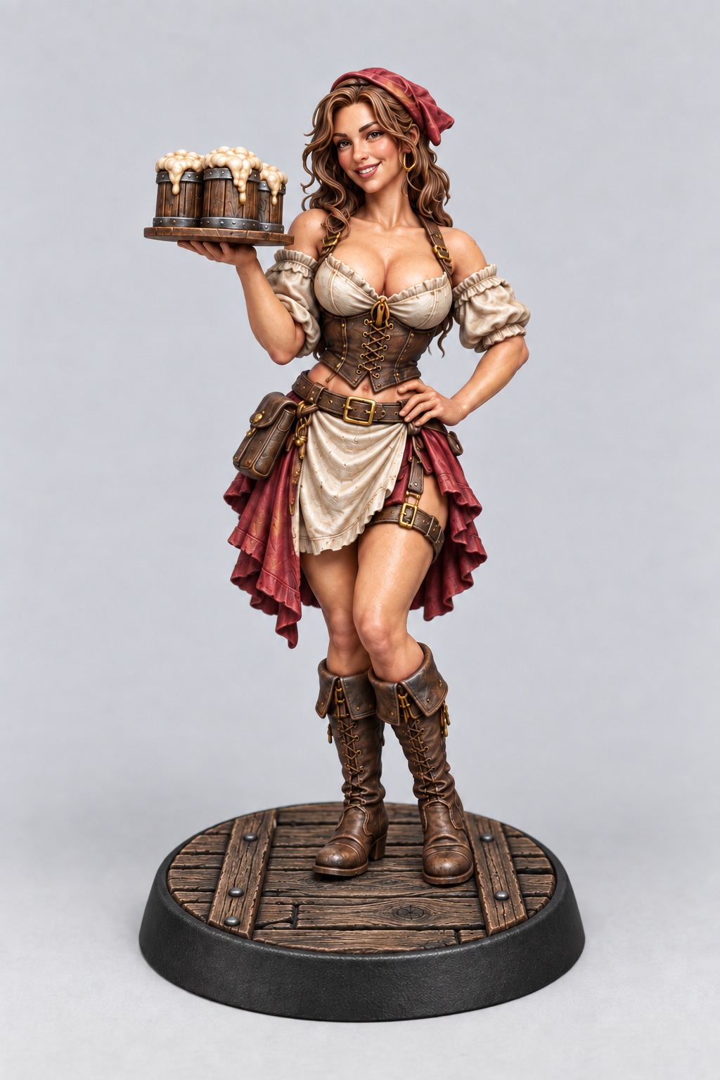 Olivia, female Human barmaid carrying foaming tankards, painted in ivory and burgundy on a Wood Plank base; painting example.