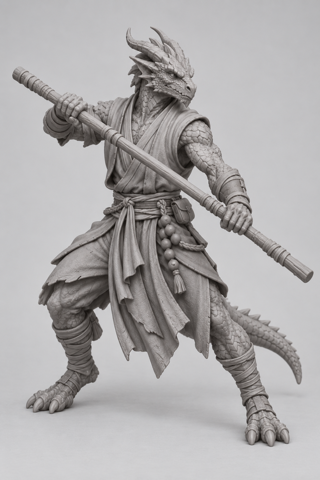 Slart, male Dragonborn monk with quarterstaff, original approved gray miniature reference.