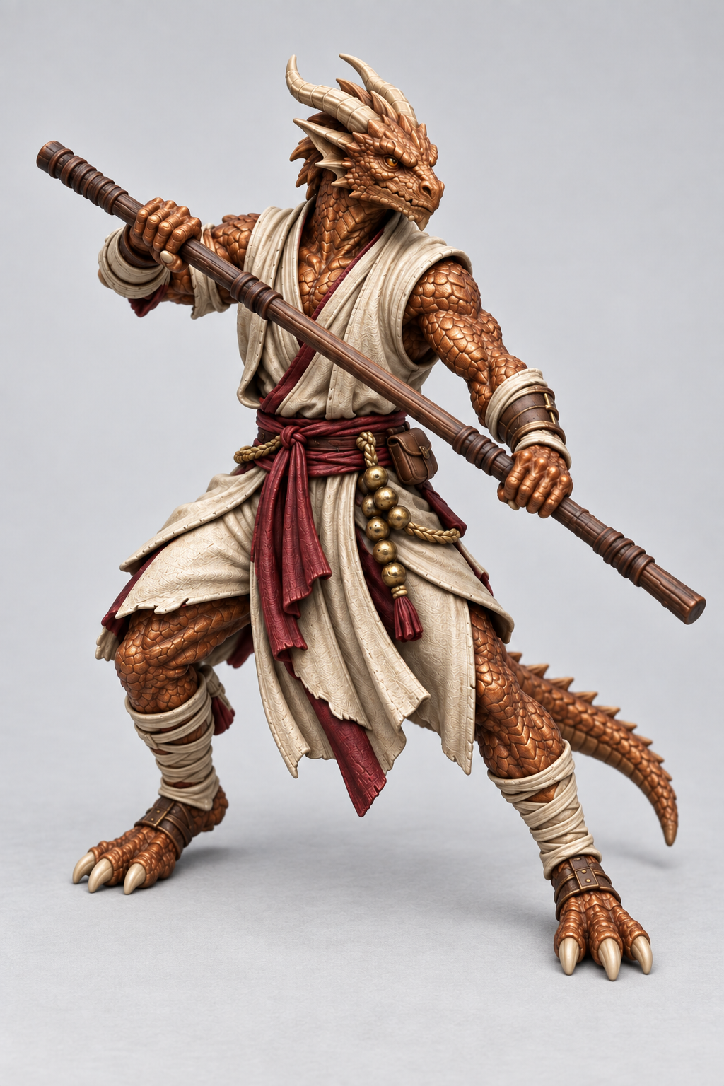 Slart, male Dragonborn monk in ivory robes and burgundy sash with bronze scales and quarterstaff, painted without a base; painting example.