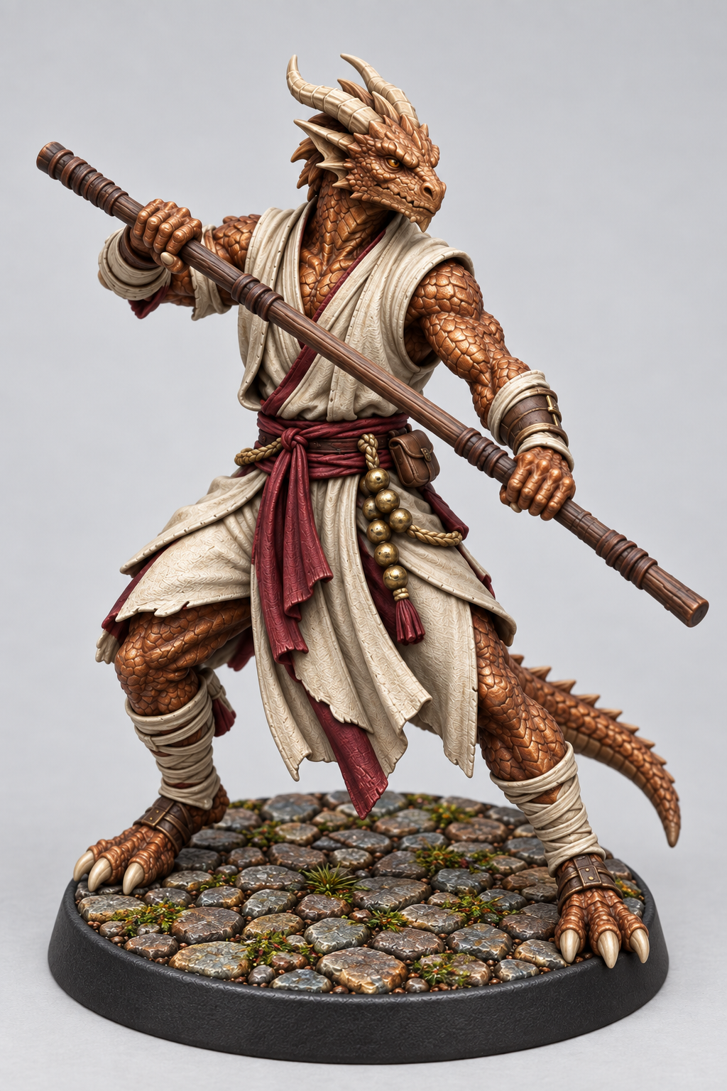 Slart, male Dragonborn monk with quarterstaff, painted bronze and ivory on a Cobblestone base; painting example.