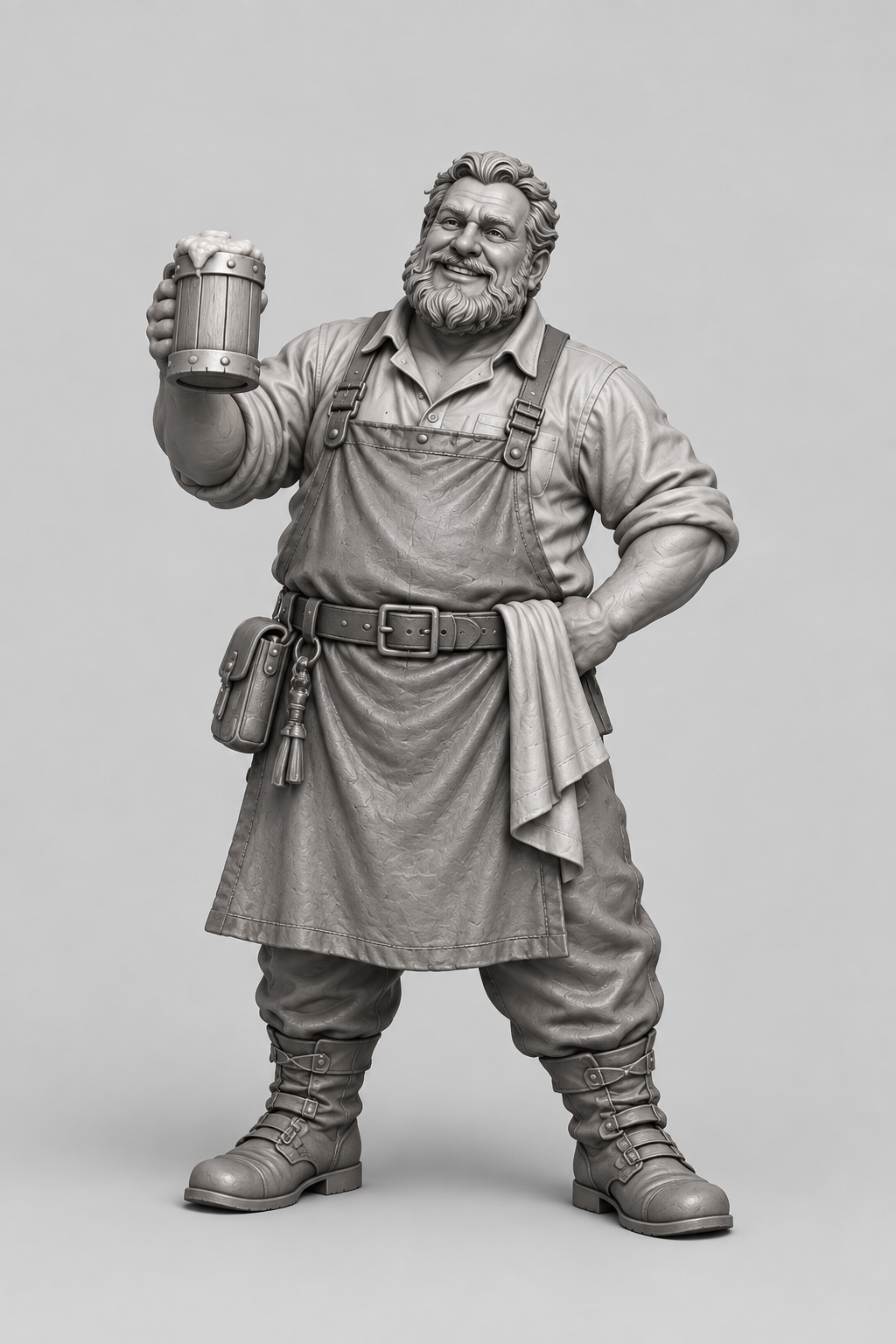 Wolfgang, male Human bartender with tankard, apron and towel, unchanged approved gray miniature reference.