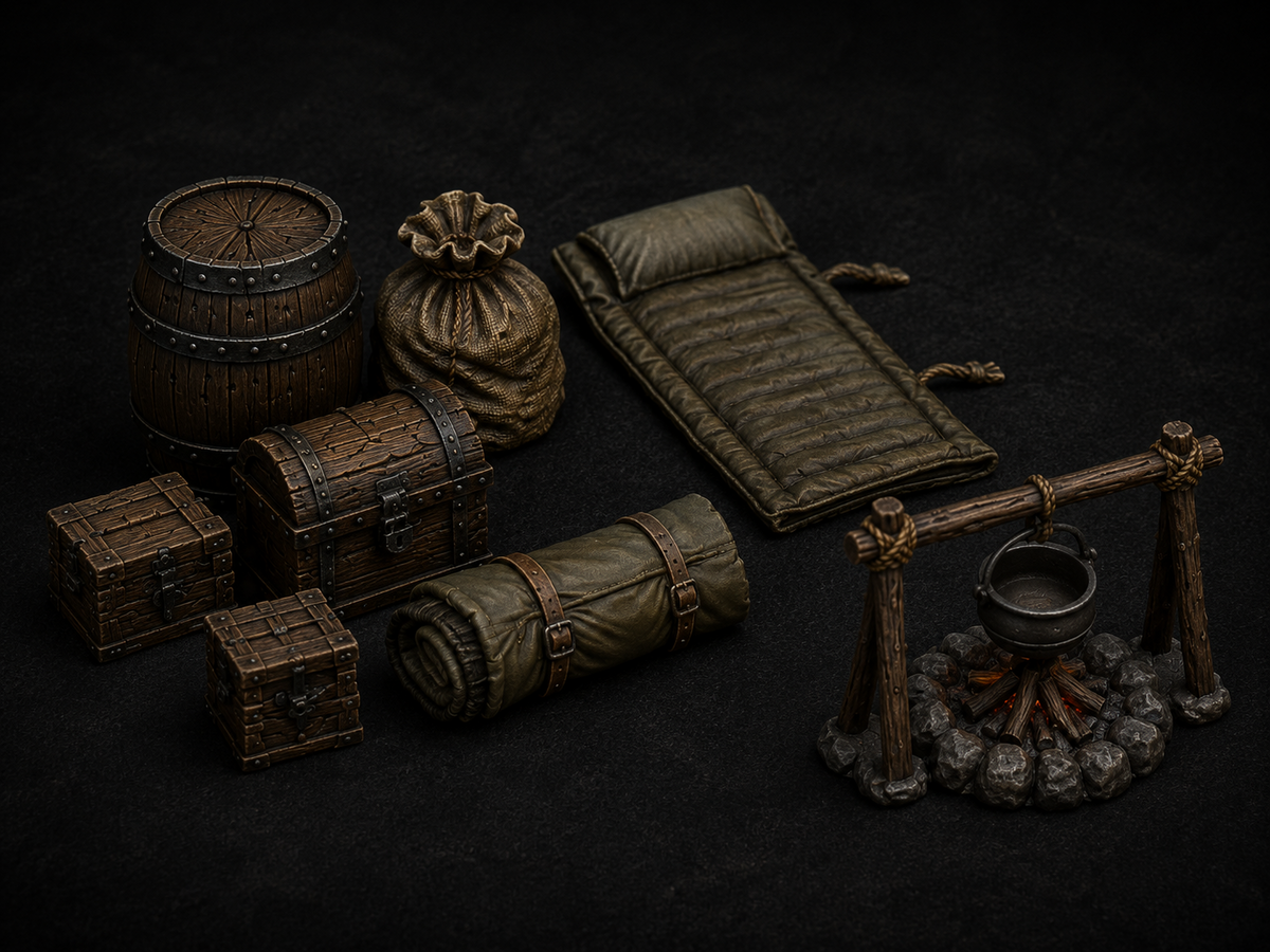 Camping terrain pack, unpainted resin, 32mm scale