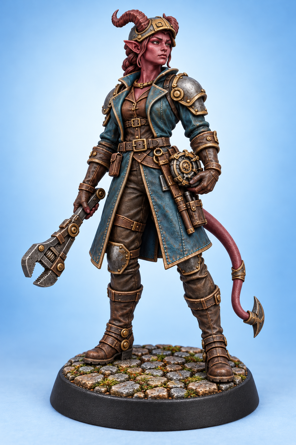 Avara Ashoath - Female Tiefling Artificer miniature, painted presentation; supplied unpainted.