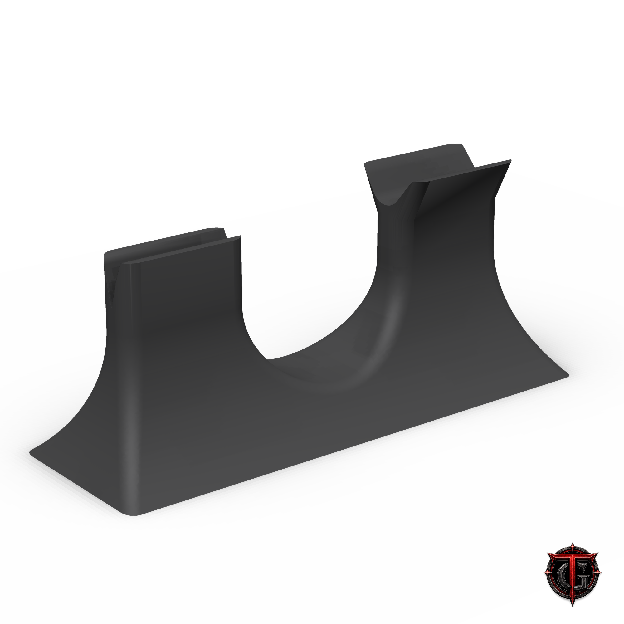 Single knife display holder seen from the blade end at a three-quarter angle, matte black 3D print