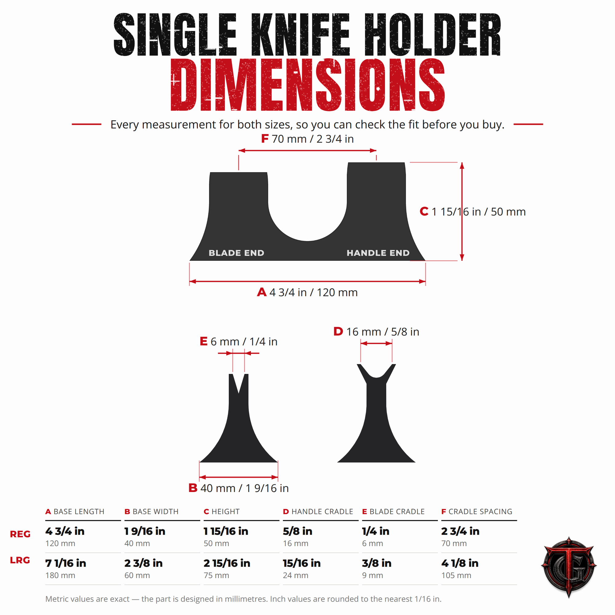 Dimension diagram for the single knife display holder: base length, base width, height, handle and blade cradle widths, and cradle spacing for both the Regular and Large sizes