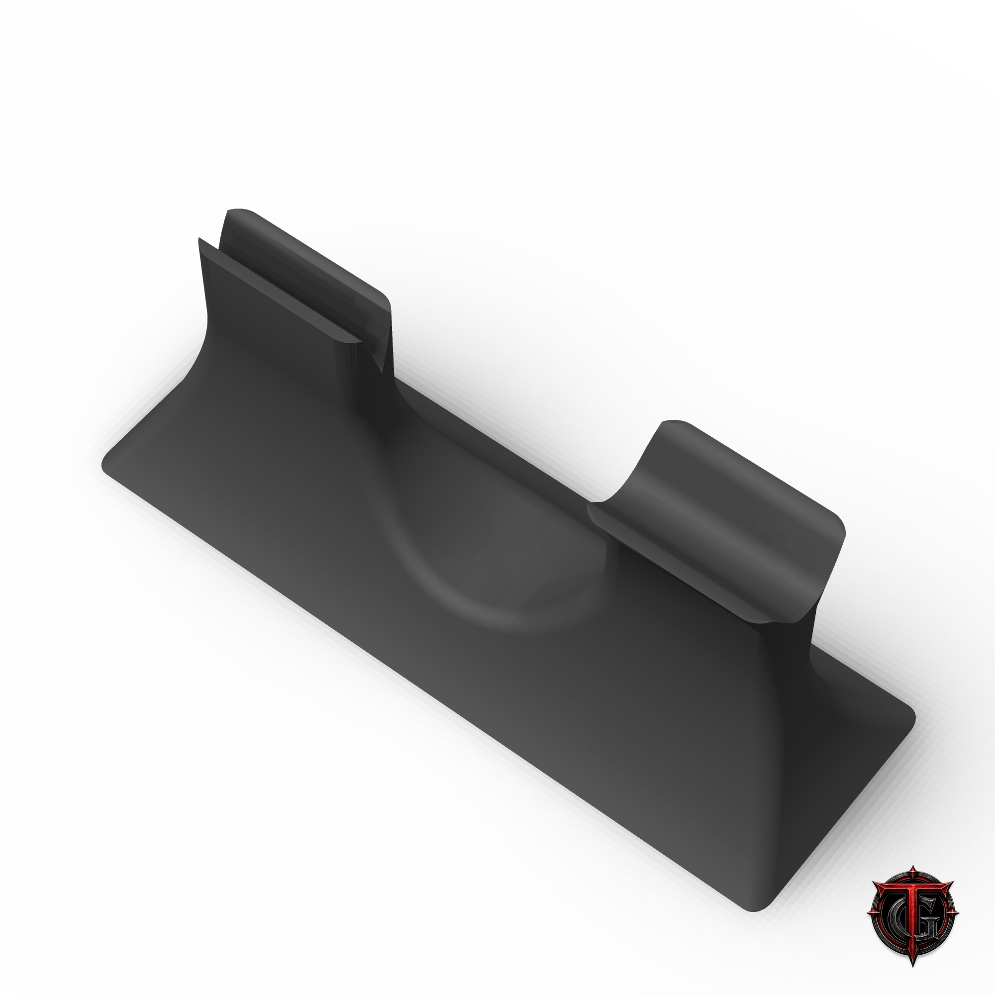 Top-down view of the single knife display holder showing the narrow blade cradle and the wider handle cradle